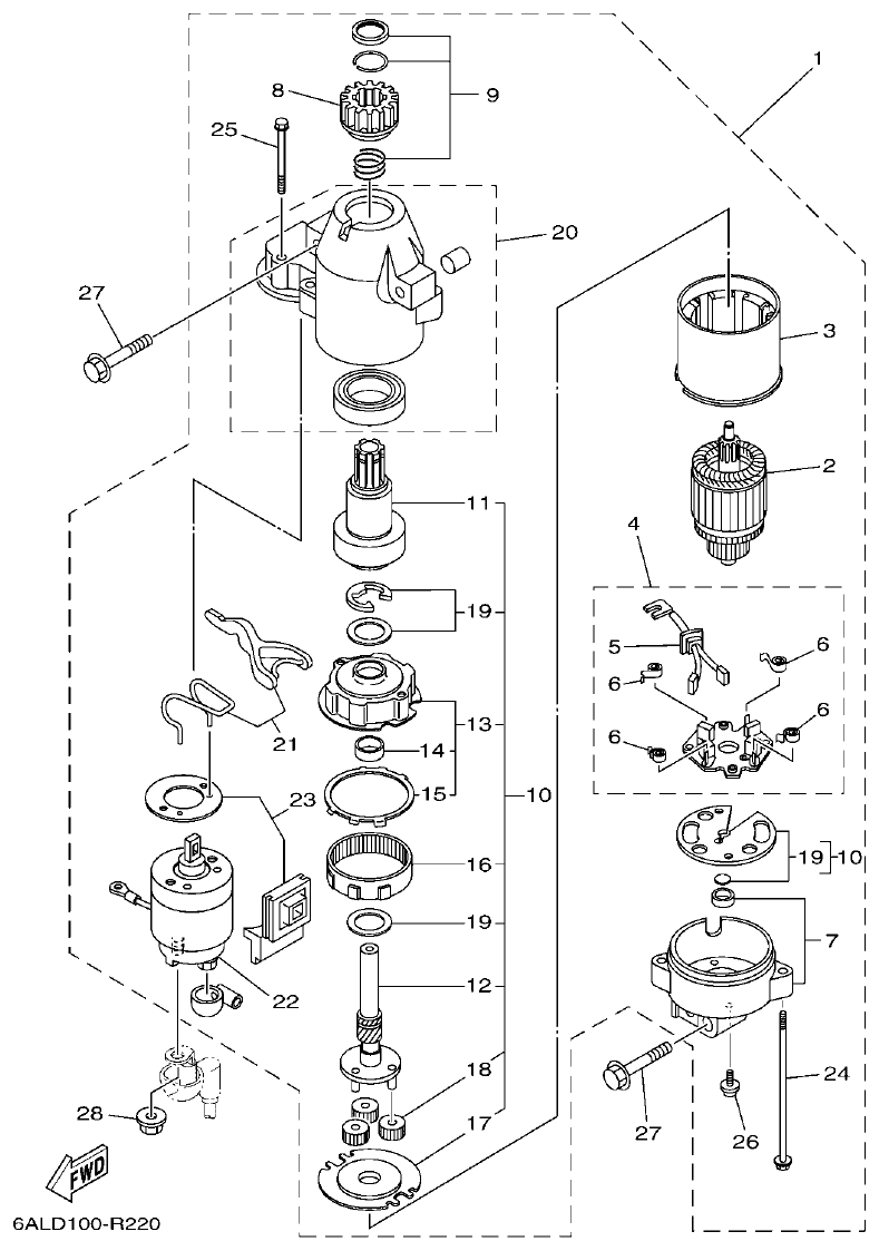 Yamaha F200CET, F225BET, FL200CET, FL225BET STARTING MOTOR parts diagram